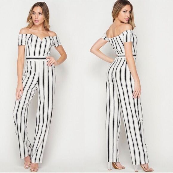 teeze me Off The Shoulder Stripe Jumper Black and White Pants 11/12 Jumpsuit - Picture 1 of 15